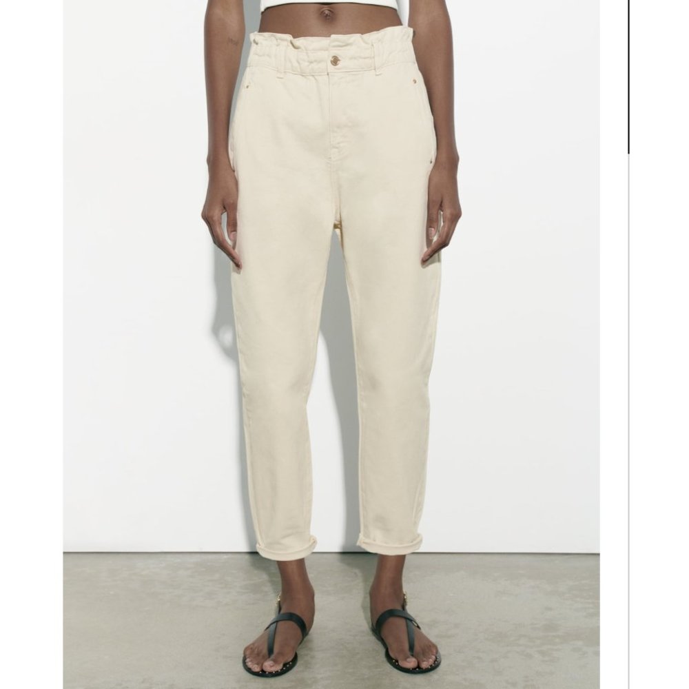Zara Creme High Waist Baggy Paperbag Jeans Gem